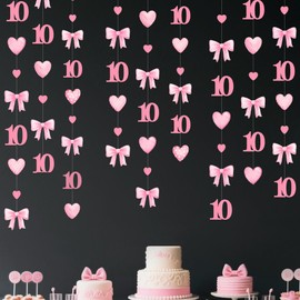40Ft Pink 10th Bow Birthday Decorations Hot Pink Conquette Bow Heart Garland Streamer Banner for Girls Happy 10th Birthday Double Digits I'm 10 Cheers to 10 Years Old Anniversary Party Supplies