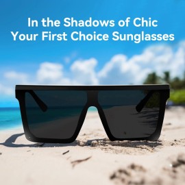 Dollger Best Oversized Sunglasses for Women Men Fashion Flat Top Big Black Frame Shades