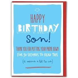Brainbox Candy - Funny Birthday Cards for Son - 'Son Phone Down for 30 Seconds' - Happy Birthday Son - Hilarious Humorous Joke Banter Cards for Son's Birthday