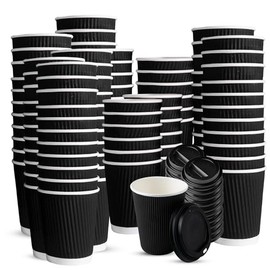 Chef Royale 100x 12oz Black Ripple Disposable Coffee Cups With Lids - Insulated Triple Walled Takeaway Coffee Cups- Disposable Cups for Hot and Cold Drinks for Christmas, Birthdays Parties (100, 12oz)