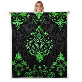Erosebridal Black Lime Green Gothic Fuzzy Plush Throw Queen 90"X90",Vintage Boho Damask Floral Sherpa Blanket,Bohemian Exotic Goth Fleece Blanket for Kids Adults Soft Lightweight for Bed Couch Sofa