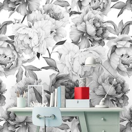 Coloritto Removable Peel 'n Stick Wallpaper, Self-Adhesive Wall Mural, Watercolor Floral Pattern, Nursery Decor, Custom Color • Peonies Grey 'n White (Sample 12" W x 8" H)