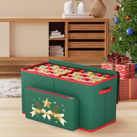 MODFUNS Christmas Ornament Storage Boxes 128 Ornaments Green Christmas Ornament Storage Containers with Adjustable Dividers 600D Oxford Fabric Xmas Storage Box with Zippers and Outter Pocket