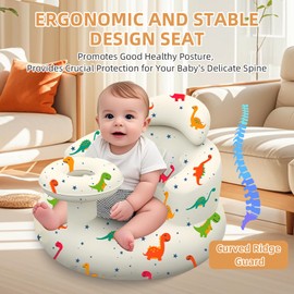 Inflatable Baby Seat with Tray, Blow up Infant Chair for Babies 3 Months and up, Comfortable Baby Floor Seats for Sitting Up, Built in Air Pump with Back Support Toddler Waterproof Sofa (Dinosaur)