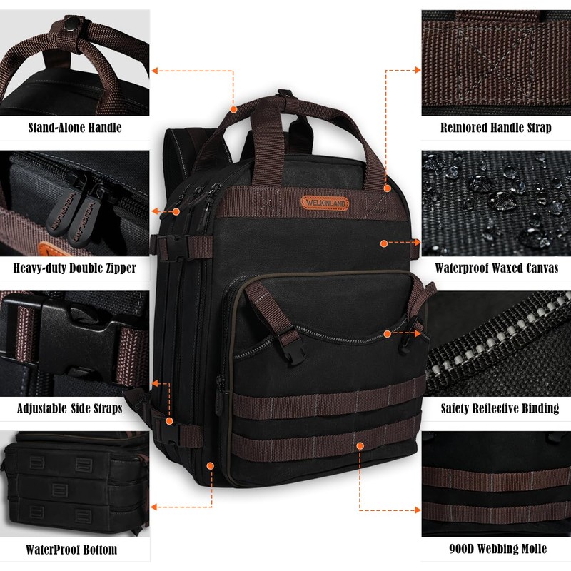 WELKINLAND 90-Pockets Electrician Backpack, Wax-Canvas Tool Backpack Heavy Duty, Convenient
