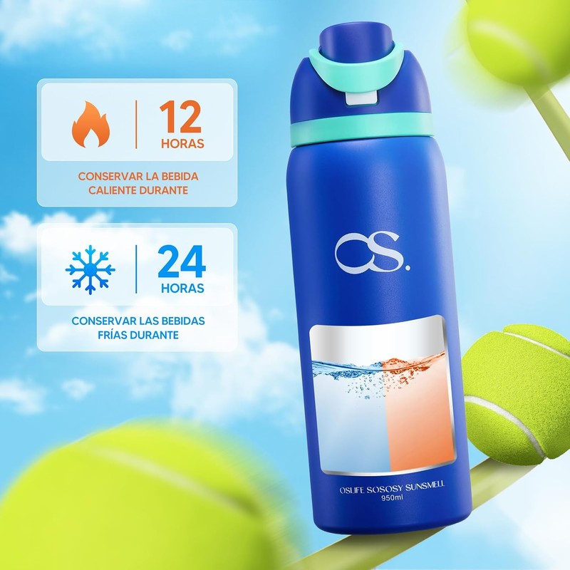 OSLIFE Aislante Térmico Termo Acero Inoxidable，con popote,Botella Deportiva de Doble