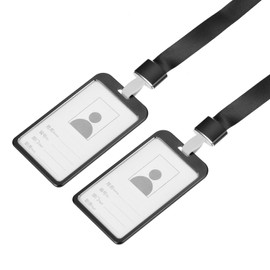 sourcing map Badge Holders 9.5x5.8cm Vertical Aluminum ID Holder with Metal Hook Detachable Neck Lanyard, Black Pack of 2