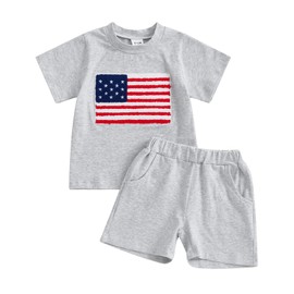 Kuriozud 4th Of July Baby Boy Outfit Toddler American Flag Tee Shirt Shorts Set Fourth Of July Independence Day Clothes Summer (Gray, 18-24 Months)