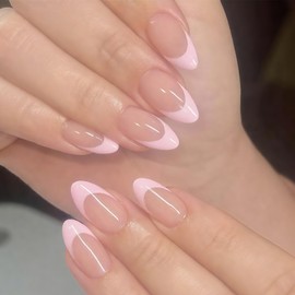 NICENEEDED 24 PCS French Tips Press on Nails, Short Almond Light Neutral Pink False Nails, Reusable Glossy Artificial Nails for Women Manicure DIY