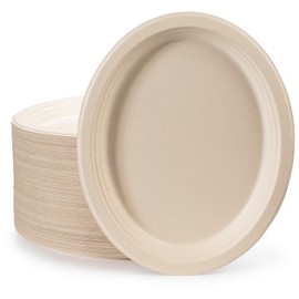 brheez Disposable Oval Large Plates Made from Unbleached Plant Fiber More Heavy Duty Than Paper Also Used as Platters 10 inch x12.5 inch Pack of 50