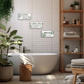 DONFENTHY 3 Pcs Green Bathroom Rules Decor Green Bathroom Decor Rustic Farmhouse Wooden Best Seat in The House Green Hanging Wall Art Green Accessories for Bathroom Toilet Decor(Green Leaves 10x5)