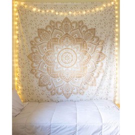 X-morrey Wall Decor Indian Mandala Tapestry Picnic Table Cover and Curtain, Holiday Decor High Definition Print Bohemian Mural Bedroom Tapestry Wall Hanging Personality Gift Multifunctional Home Decor Beach Towel (White Gold WG01)