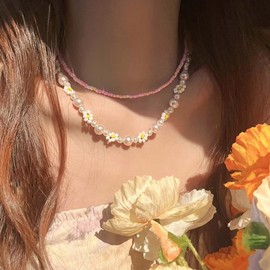 Beaded Necklace Women Flower Choker Necklace for Women Pink/Green Charm Necklace Flower Boho Beaded Necklace Cute Pearl Beaded Choker Necklace Jewelry Gifts