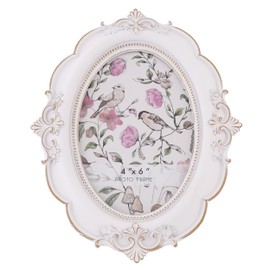 Desklens Vintage Picture Frame, 4x6 Oval Antique Photo Frame with Real Glass Front, Luxury Table Wall Haning Photo Display Home Decor, Gift Ideas, White Flower