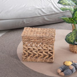 Handwoven Water Hyacinth Storage Basket with Handles – Rectangular Woven Hyacinth Basket for Home & Office Decor – Farmhouse Rustic Organizer for Shelves, Books, Toys, Blankets (Lidded)