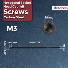 Kozelo Pack of 10 Cylindrical Screws with Hexagon Socket - [M3-0.5 x 70 mm] Screws Carbon Steel Black Oxide DIN 912 Partially Thread Allen Screw for Industrial Mechanical