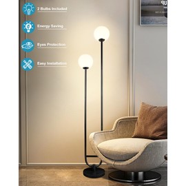 Lightdot 63IN Globe Floor Lamp with Black U Pole, Modern Mid Century Standing Lamps with 2 Globe Warm White 3000K Bulbs Included, Unique Vintage Tall Floor Lamp for Lving Room