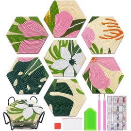 Diamond Painting Coasters, DINGHENG 7 Pieces Diamond Art Hexagonal Coaster with Holder - Boho Decorative Painting DIY Mandala