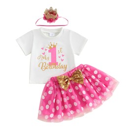 BULINGNA Toddler Girl Birthday Outfit Number Print T-shirt + Bow Tutu Skirt + Crown Headband Infant Baby Girl Skirt Set (Happy 1st Birthday, 12-18 Months)