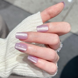 Purple Press on Nails Short Square Cat Eye Fake Nails Glossy Shiny Acrylic Nails Glitter Glue on Nails Gel Nails Press ons Full Cover Reusable Stick on Nails for Women Girls Manicure 30 Pcs