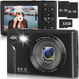 Digital Camera, 2024 Upgraded 4K 64MP Digital Cameras for Kids, Digital Point and Shoot Camera with 16X Zoom, 32GB SD Card, Time Stamp, Compact Small Travel Camera for Boys Girls Teens, Black