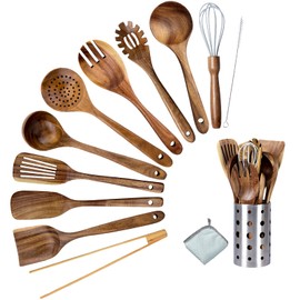 Premium Teak Wood Kitchen Utensil Set - 11-Piece Heat-Resistant Cooking Tools with Storage Holder, Non-Stick Wooden Spoons, Ladle, Turner, and More