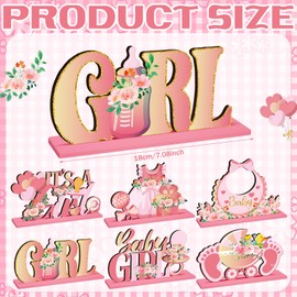CroBlissful 6 Pcs Pink Gender Reveal Table Centerpiece It's a Girl Wooden Baby Shower Decorations Floral Baby Girl Pregnancy Announcement Wood Tabletop Sign Decor for Home Party, 6 Styles