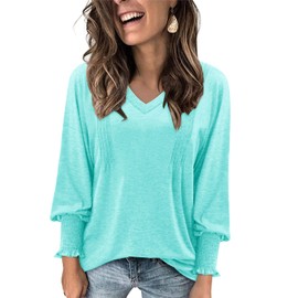 onlypuff Women V-Neck Tee Casual Ruffle Cuffs Long Sleeve Blouse Top for Fall Winter Water Green XXL