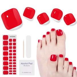 DUKASOU Semi Cured Gel Pedicure Strips, 32 Solid Color Gel Toenail Stickers Full Nail Wraps for Women Girls Kids, Includes Prep Pads, Nail File & Wood Stick (Scarlet Fiery)