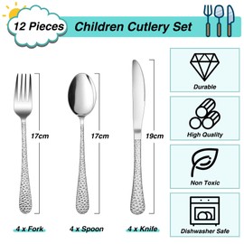 Herogo Kids Cutlery Set, 12 Pieces Stainless Steel Childrens Cutlery Sets, Child Toddler Silverware Include 4 Knives, 4 Forks, 4 Spoons, Proper Size & Smooth Edge, Dishwasher Safe, Hammered Handle