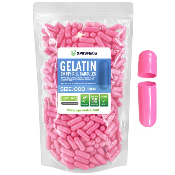 Cápsulas de gelatina vacía Capsules Express- tamaño 000 rosa Kosher - Cápsula de gelatina pura - Relleno de polvo para bricolaje (500)