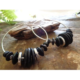 ๑ஐ• SCHWARZE RIESEN CREOLEN KOKOS & HOLZ •ஐ๑ auffällige Tribal Ohrringe