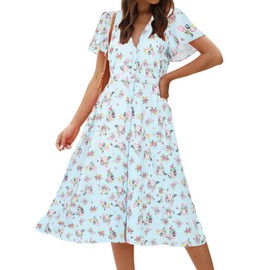 ROYLAMP Women's Floral Button Up Split Deep V Neck Short Sleeve Casual Flowy Midi Dress with Pockets Light Blue Floral S
