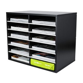 PAG Wood Desktop Literature Organizer Adjustable File Sorter Mail Center Magazine Holder Paper Storage Cabinet Classroom Keepers Mailbox for Office Home School, 12 Compartments, Black&White