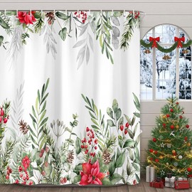 Xiaoput Christmas Flower Shower Curtain, Winter Floral Leaves White Shower Curtain for Bathroom, Natural Plant Fabric Shower Curtain Bathroom Decor Waterproof with Hooks,70X70in