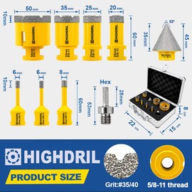 HIGHDRIL Diamond Drill Bits Kit with 5/8-11 for Porcelain Tile Ceramic Marble Brick Concrete Vacuum Brazed Hole Saw(6/6/8/20/25/35/50mm+35mm Chamfer Bit+Adapter)