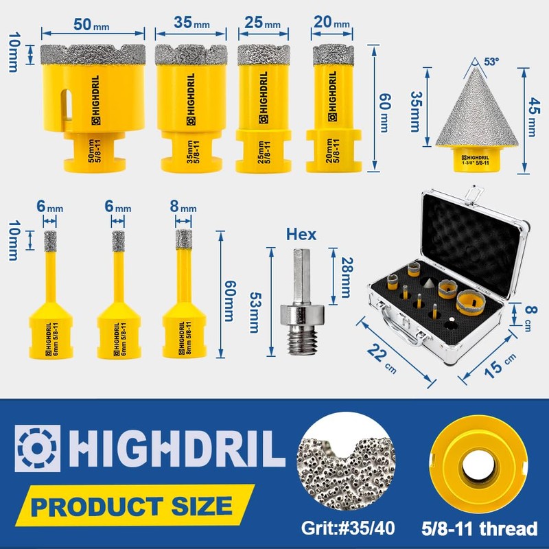 HIGHDRIL Diamond Drill Bits Kit with 5/8-11 for Porcelain Tile