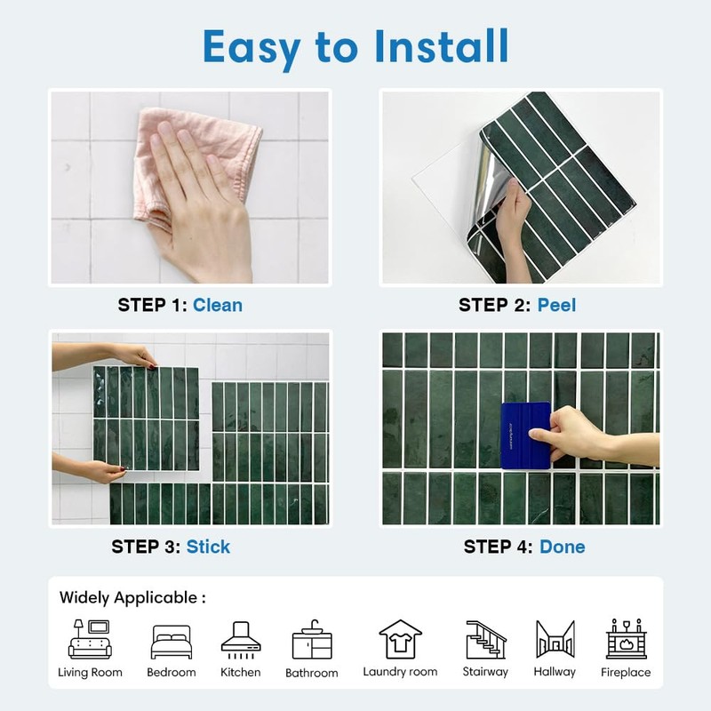 COMSTICKC Dark Green Peel and Stick Backsplash,10 Pcs 12''x12'', Forest