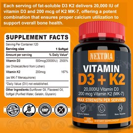 Nextdia Vitamin D3 20,000 IU + K2(MK7) 200mcg-Optimal Vitamin D3 & K2-Support Strong Bones & Muscle, Calcium Absorption & Immune Health, Helping Vitamin D Deficiencies, Easy to Swallow, (Pack of 2)