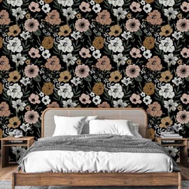 Abyssaly Boho Peel and Stick Wallpaper Floral Vintage, Retro Floral Removable Contact Paper, 17.7in x 118in Pink/Yellow/White Flower with Green Leaves Vinyl Self Adhesive Wallpaper for Home Decoration