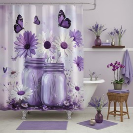 FAXTOZ Rustic Purple Butterfly Daisy Floral Glass Jar Shower Curtain, Farmhouse Bathroom Decor Polyester Bathroom Curtains Set with Hooks 70"x70"