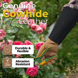 HANDLANDY Long Gardening Gloves for Men & Women, Cowhide Leather Rose Pruning Gloves, Breathable Thorn Proof Gauntlet Gloves (Brown-Cowhide, M)