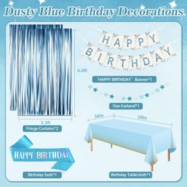 Blue Birthday Decorations, Blue Party Decorations with Dusty Blue Balloons Birthday Sash Happy Birthday Banner Tablecloth Fringe Curtain Blue and Gold Party Decorations for Men Women Boys Girl Bday