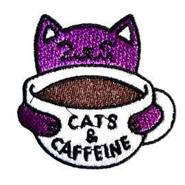 Funny Coffee Cat Patch, Cats & Caffeine Embroidered Iron On/Sew On Patches Applique DIY Craft Accessories for Clothes Jacket Jeans Dress Backpacks