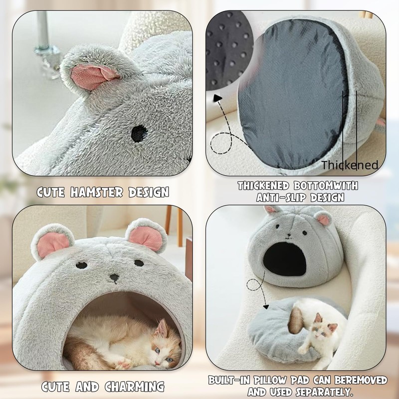Cozy Mouse Ear Pet Cave Bed Ultra-Soft Gray Plush cave