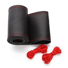 BELINOUS Universal Leather Car Steering Wheel Cover, Stitch On Wrap (Size L4, Black and Red)