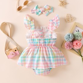 Infant Baby Girl Bodysuit Newborn Ruffle Short Sleeve Romper Outfit with Headband One-piece Sleeveless Jumpsuit Clothes (Plaid-Colorful, 12-18 Months)