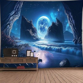 FENDROM - Tapiz de planeta, luna, noche, galaxia, espacio, paisaje místico, montaña, tapices de fantasía, estético, río, mágico para colgar en la pared, para recámara, sala de estar