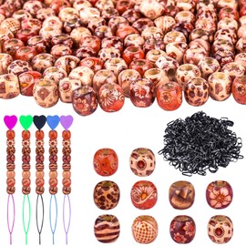 455 Pcs Wooden Hair Beads Set for Girls and Women, 200Pcs 12mm Natural Painted Wood Hair Beads, 250Pcs Mini Elastic Rubber Bands, 5Pcs Quick Beaders, Round Printed Pattern Drum Wood Beads for Braids