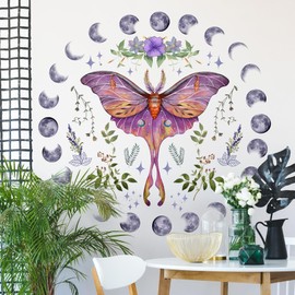 Amaonm Removable 3D Big Purple Butterfly Wall Stickers DIY Plants Flower Wall Decals Peel and Stick Boho Moon Phase Wall Decor for Kids girls Bedroom Lving Room Classroom Home Walls Background